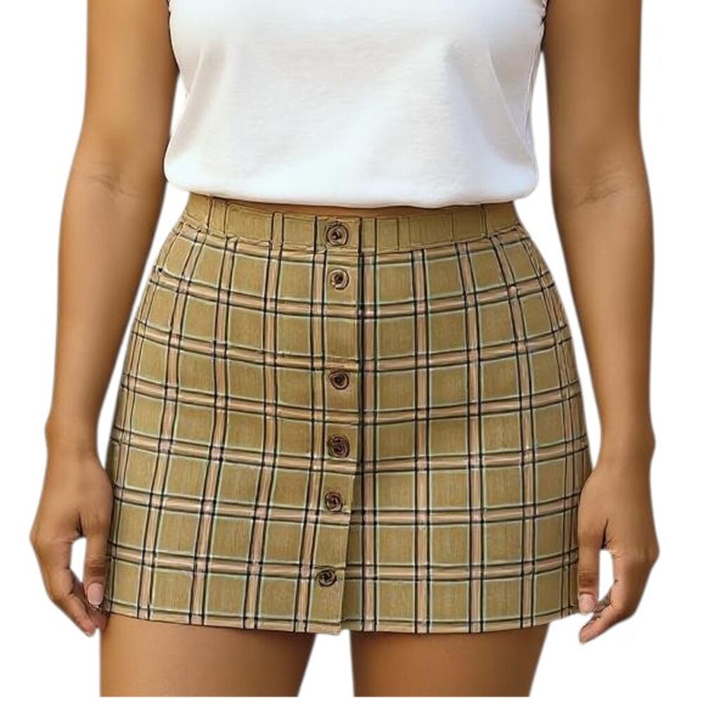 Moves by Minimum Mini Skirt Size 34 (X-Small)Tan Plaid Button Down Elastic Waist